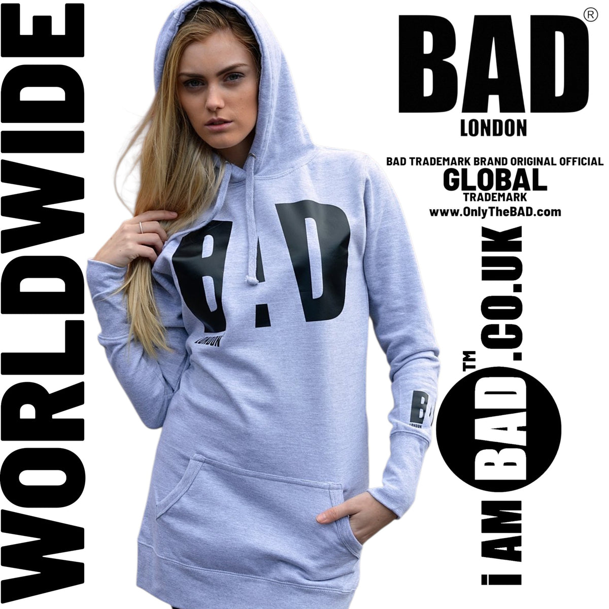 BAD Trademark Clothing Brand Global ORIGINAL OFFICIAL Born In London BAD WOMAN Long Hooded Dress.